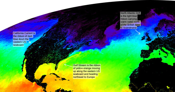 Ocean currents visible in sea temperature map from space