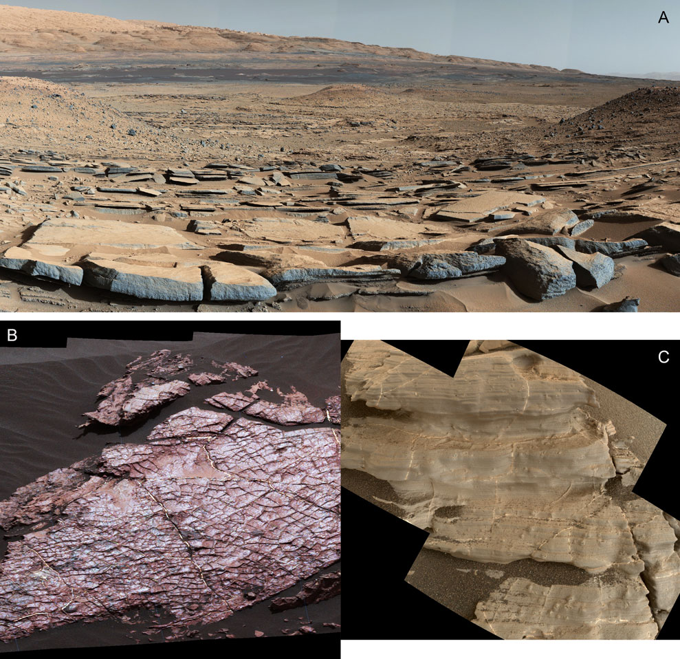 three images of parts of Gale crater showing part of crater was a lake
