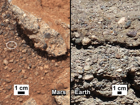 Gravel on Mars that must have been transported by water