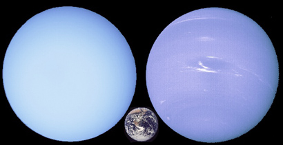 Uranus, Neptune, Earth to 
same scale