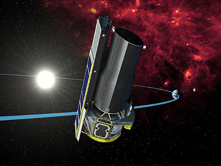 Spitzer Space Telescope in orbit trailing far from the warm Earth