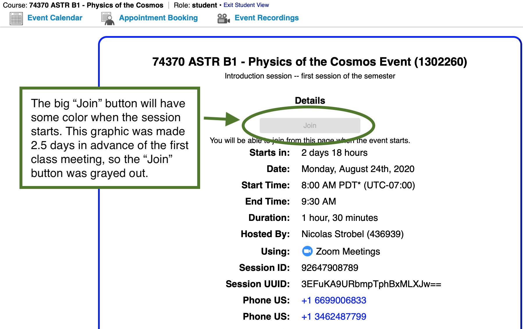 Zoom session details window