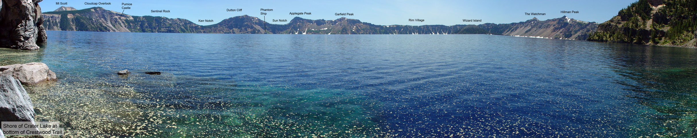 labeled pan of Crater Lake from bottom of Crestwood Trail