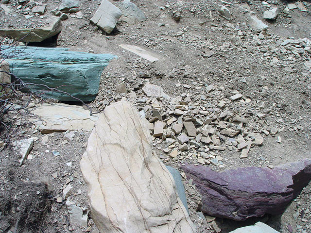 Green + purple rocks next to Apikuni Falls